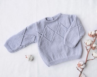 Open purple grey sweater - from 1 to 4 years old - hand-knitted in France - baby child clothing