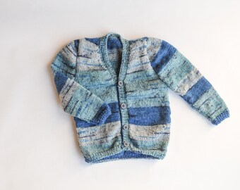 Cardigan/gilet rayé bleu - bébé 6 mois - tricoté main en France