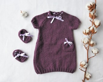 Dress and slippers ballerina purple eggplant - baby 0-3 months - newborn, set gift birth - knitted hand in France