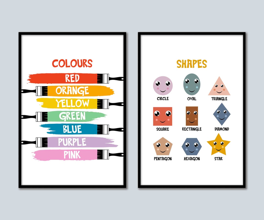 Kids Wall Art Set of 2 Learning Colours / Colors & Shapes Wall Art Home