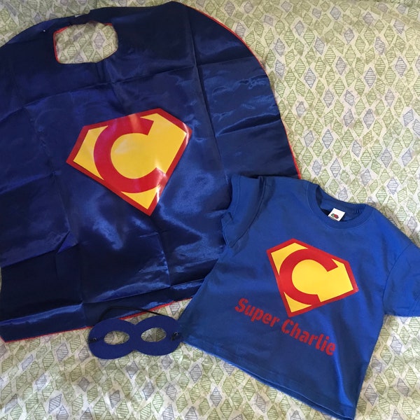 Personalised Super hero outfit. Cape t shirt and mask