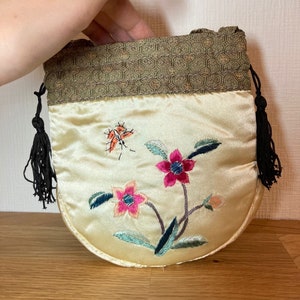 Vintage Hand bestickt Seide Abendtasche Geldbörse, orientalische Seidenblume, Vogel, Schmetterling Stickerei, königlicher Kern, 15,5 cm
