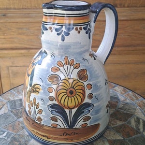 Vintage Spanish Stoneware Jug: Hand-Painted Medieval Scene, 8.5"