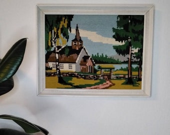 Large vintage hand embridered framed picture - country church - made in Norway, 13.5''