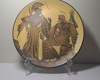 Ancient Greek plate with Athena and Zeus, copy of 440 B.C.plate, made from terracotta in 1988, decorative hanging plate 9.5'', signed