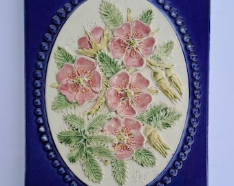 Vintage Swedish Jie Gantofta Glazed Ceramic Wall Plaque with Pink Flowers Apple Blossoms, designed by Aimo Nietosvuori, hand painted