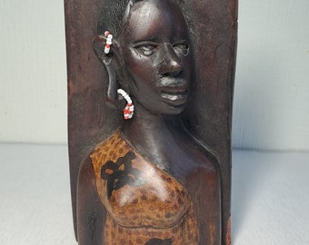 Hand Carved African Woman Bust: Vintage Wooden Book Stopper