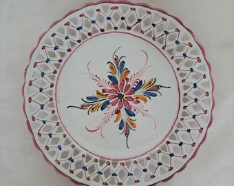 Vintage Portugal Openwork Decorative Plate, signed, hand painted, 9''