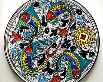 Hand-Painted Ceramic Wall Plate with Fish Design – 12.5''