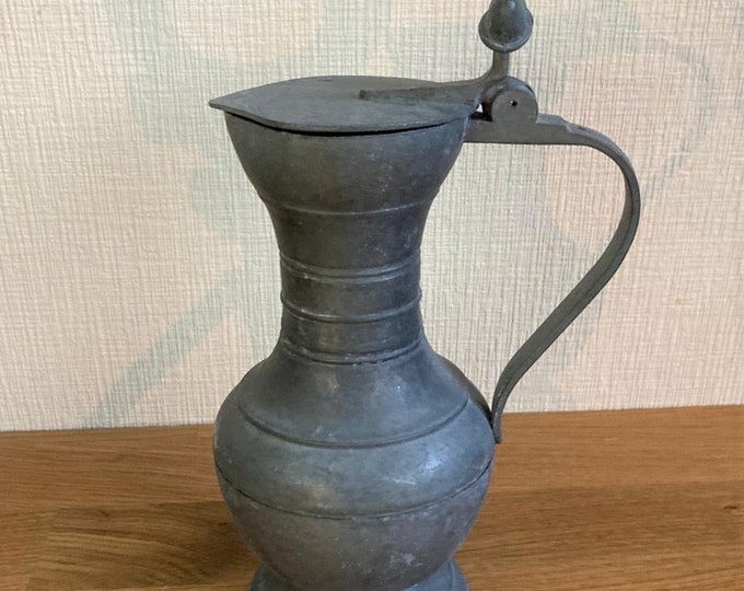 Vintage Pewter Pitcher Jug With Lid, Decorated With Acorns, Made in