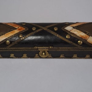 Vintage Wooden Leather Jewellery Box with Brass Fitting, Indian Trinket Box with Stone and Brass Inlay, Hand Crafted in India by C.G.B.