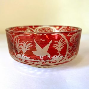 Vintage Bohemian Ruby Red Cut to Clear Glass Bowl