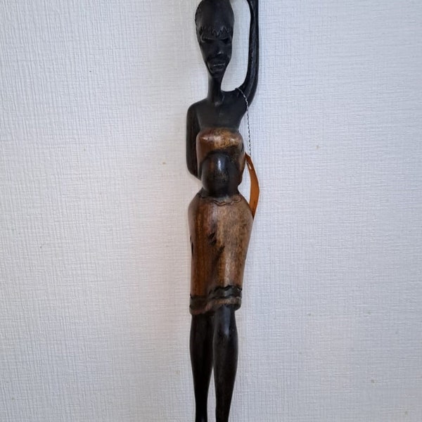 figurine tribale féminine en bois sculptée à la main africaine vintage de Gambie 14,5''