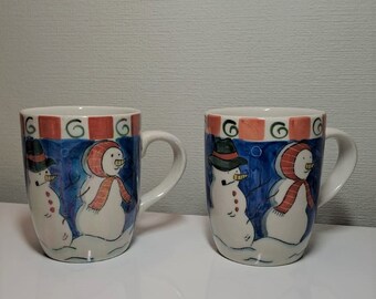 2 vintage hand painted Christmas snowman's pair porcelain mugs, covered with mother-of-pearl