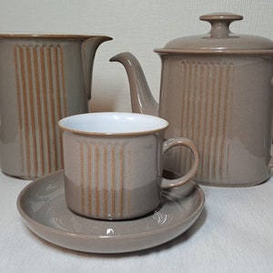 Rare vintage handcrafted Denby Fine Stoneware glazed brown tea set: tea pot, milk jug, cup and saucer, 1970-1980ss