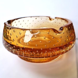 Vintage Honey Bubble Glass Ashtray by Milan Metelak for Harrachov Glassworks, Czechoslovakia, 1960s