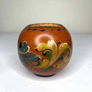 Vintage handbemalte norwegische Rosemaling-Schale / Vase - Volkskunst-Dekor, Ohne Deckel, großer Riss