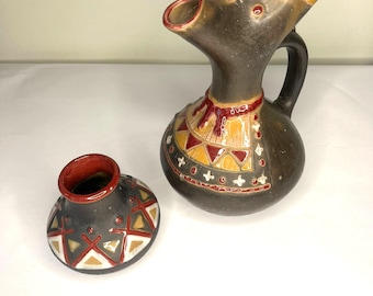 Vintage Bulgarian Troyan Pottery Set - Hand-Painted Glazed Terracotta Pitcher and Small Vase