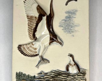Vintage Jie Gantofta Sweden ceramic wall plaque with Fiskgjuse (eng. - Osprey), wall decor in farmhouse style, designed by Staffan Johnson