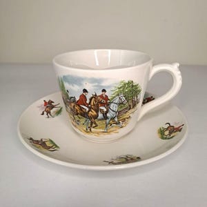Vintage Portmeirion Pottery Hunting Scene Cup & Saucer – Moustache Cup – Equestrian Fox Hunt Design