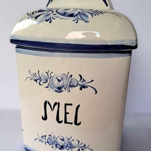Large Portugal Hand Painted Honey Jar with Lid, White Blue Ceramic Container
