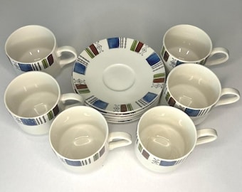 Conjunto de chá vintage Broadhurst "Geneva": moderno de meados do século, em pedra de ferro, 6 xícaras e pires