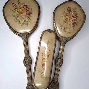 Vintage Brass Filigree Vanity Set | Hand Mirror, Hairbrush & Clothes Brush | Elegant Antique Dresser Set