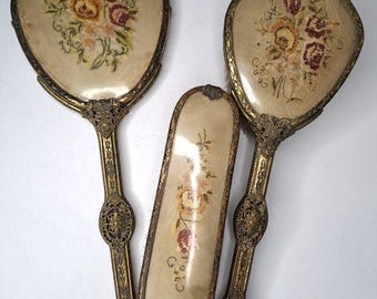 Vintage Brass Filigree Vanity Set | Hand Mirror, Hairbrush & Clothes Brush | Elegant Antique Dresser Set
