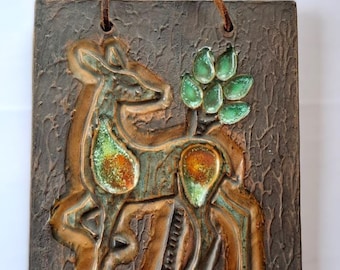 Vintage Swedish Tilgmans Keramik Ceramic Wall Plaque with Deer, hand made, designed by Eivor Lang
