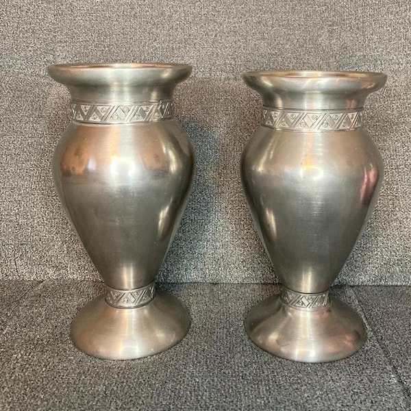 Pair of vintage pewter vases candleholders 6" H X 3" W. Made in Norway by Hagness Pewter.