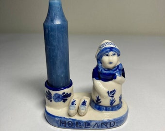 Delft Blue Candle Holder with Girl Figurine: Hand-Painted Porcelain Candlestick