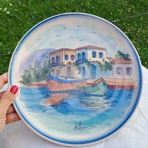 Vintage Mediterranean porcelain plate, Blue Sea Landscape Plate, Wall Hanging Plate, signed, 9.5&#39;&#39;