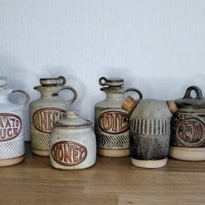 Mid-century stoneware set of 6 items Tremar Pottery kitchenware, Cornwall - tomato saucer, vinegar, oil, honey, jam jars, salt shaker