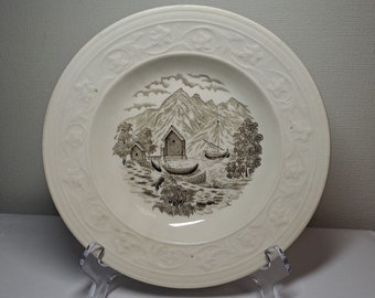 Antique Rörstrand soup bowl plate, brown half-pint with fishing landscape, made in Sweden in 1888 – 1907