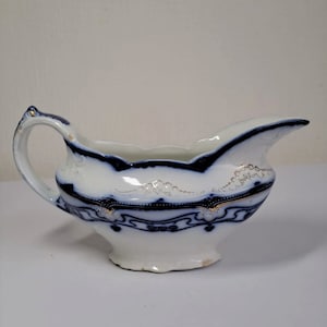 Antica salsiera vittoriana in semi-porcellana di Parigi in legno e figlio Inghilterra, salsiera Flow Blue, circa 1850-1899