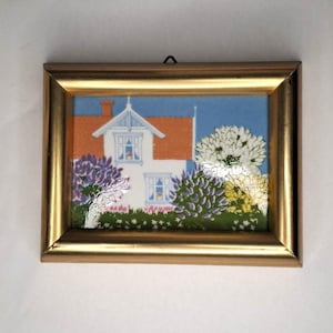 Vintage Framed Porcelain Art Tile Plaque. Design by Anne Marie Odegaard, Porsgrund, Norway.