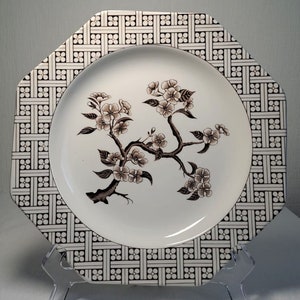 Puede incluir: Un plato octogonal de cerámica blanca con un diseño floral marrón y un patrón geométrico blanco y negro alrededor del borde.