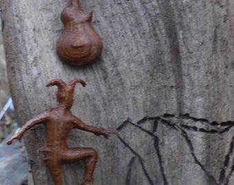 Elm wood guitar or jester badge  lapel pin