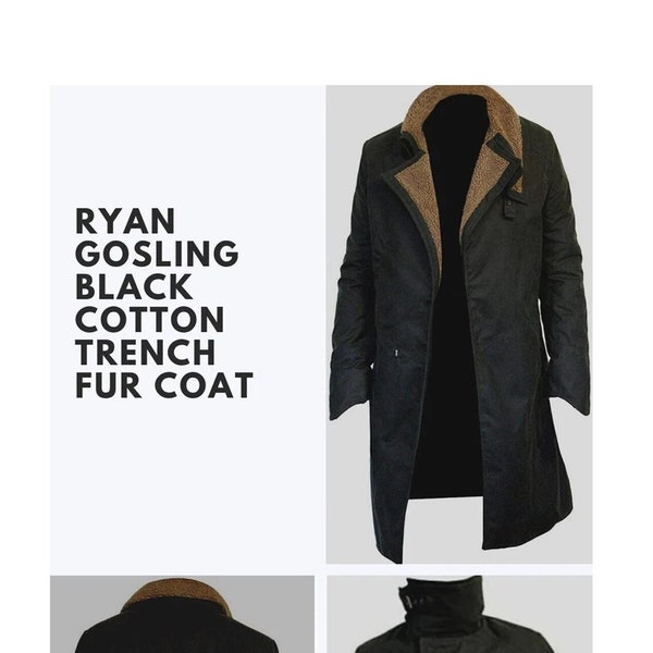 Men's Ryan Gosling Black Cotton Trench Fur Coat Long Men's Blade Runner Coat, Anniversary Gift, Gift For Him