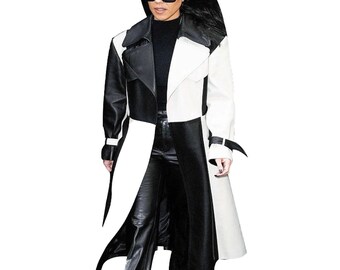 Women's Black And White 100% Real Leather Kim Kardashian Stylish Trench Coat, Celebrity Black And White Coat, Gift For Her