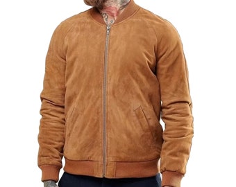 Men's Suede Bomber Jacket In Tan, Men's Brown Genuine Suede Leather Bomber Jacket, Suede Leather Brown Bomber Jacket for Men