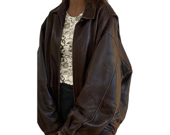 Women's Brown Oversized Leather Jacket, 90's Genuine Leather Jacket for women, Y2K Leather Jacket, Birthday Gift, Gift for Her
