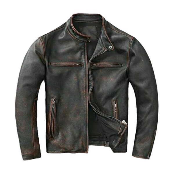 Men's Slim Fit Biker Leather Jacket, Men's Distressed Brown Cafe Racer Motorcycle Leather Jacket, Gift For Bikers