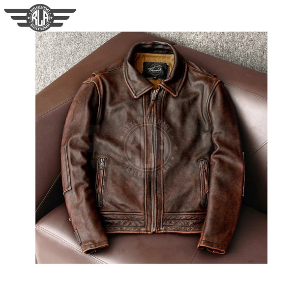 Brown Handmade Genuine Distressed Biker Leather Jacket For Men, Waxed Motorcycle Genuine Leather Jacket For Men