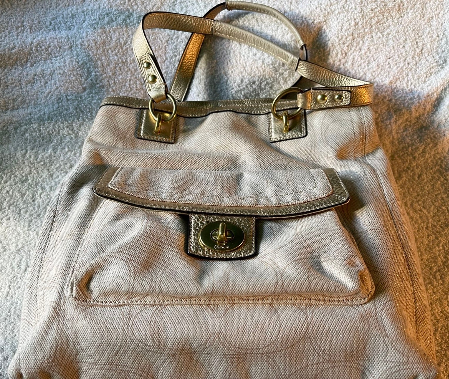 Coach Purse Penelope Linen Signature Tote Bag 19266 Beige Gold 