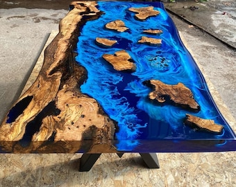 Custom Olive Blue White Table, Live Edge Resin River Table, Sea Ocean Epoxy Table, Island Dining Table, Epoxy Art Table, Epoxy Table Top