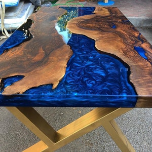 Custom Order Dark Walnut Blue River Epoxy Table -Dining Table-Gold Legs-Kitchen -Coffee Table-Office Table-Live Edge-Navy blue-%100 HANDMADE