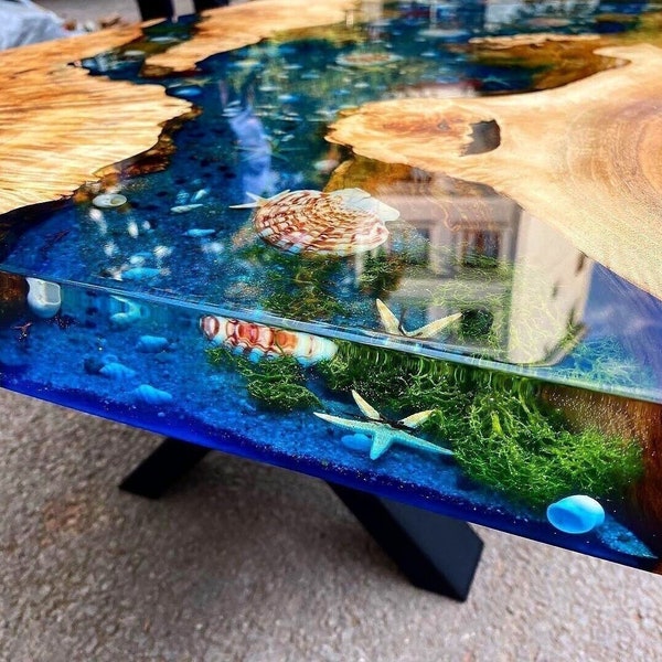 Custom Poplar Wood River Blue Green Tropical Design Aquarium Epoxy Table- Resin Table- Dining Table- Coffee Table-Ocean Table-%100 HANDMADE