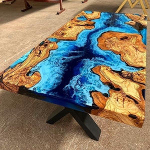 Custom Order Olive Wood Sea Ocean İce Design Blue Epoxy Coffee Table-Dining Table-River Table-Resin Table-Kitchen and Dining-%100 HANDMADE