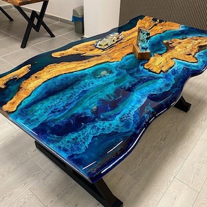 Custom Order Resin Table Top Olive Wood Aquarium Live Edge Dark Blue Epoxy Table, Office Table, Coffee Table, Ocean Sea Table, %100 HANDMADE